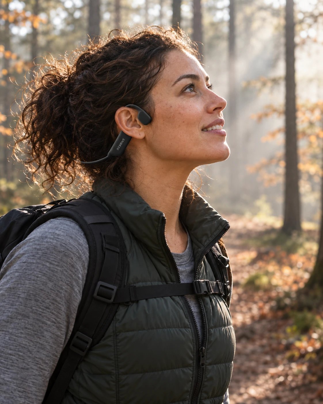 Vrouw wandelt in het herfstbos met een REBØNE bone conduction koptelefoon