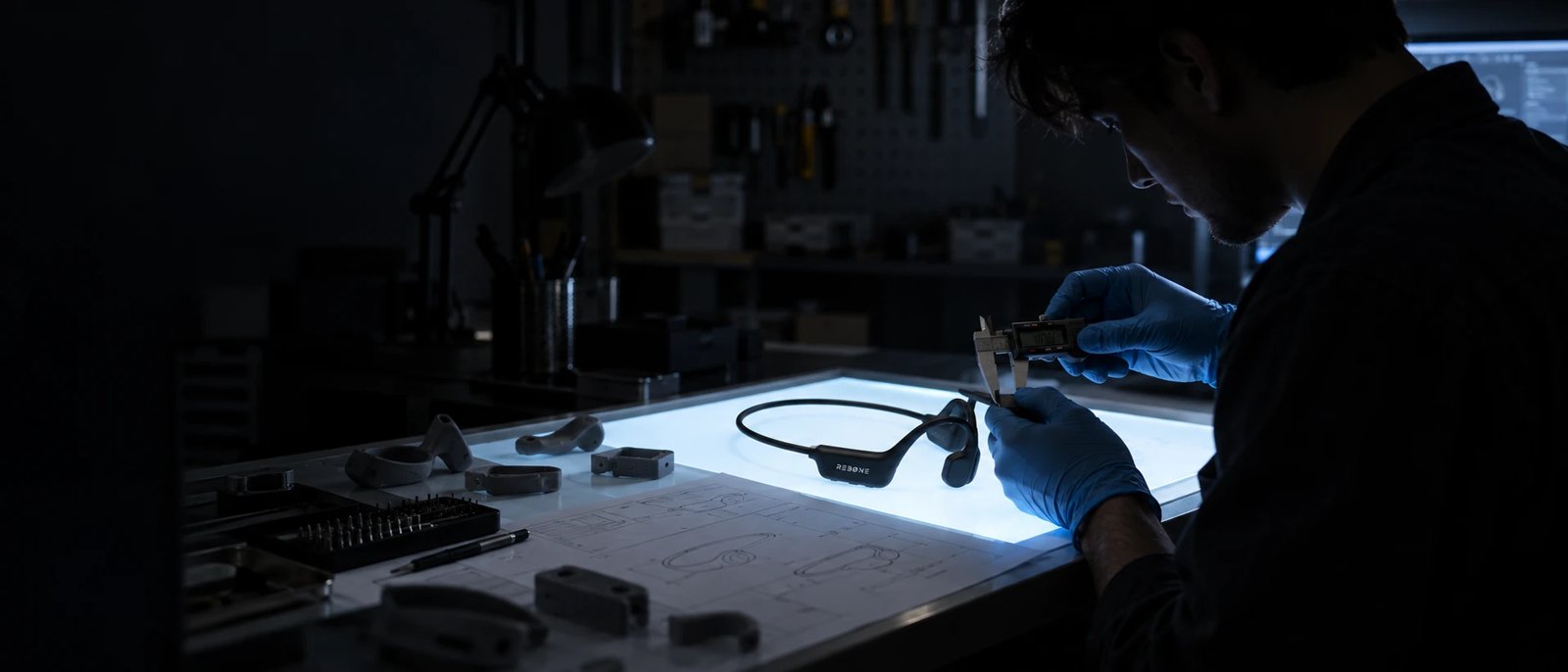 Ontwerper meet een REBØNE koptelefoon na met een schuifmaat op een lichttafel
